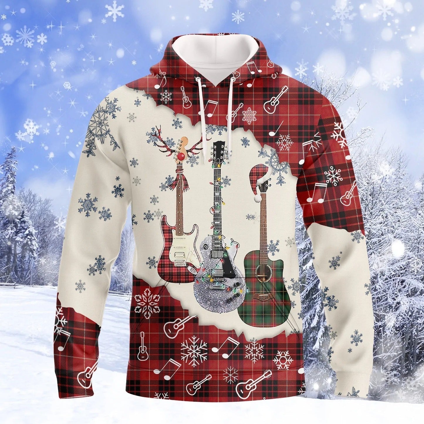 3D All Over Print Guitar Snow Hoodie Men Women, Guitar Hawaiian Shirt Shirt Sleeve, Christmas Gift For Guitarist TO2773