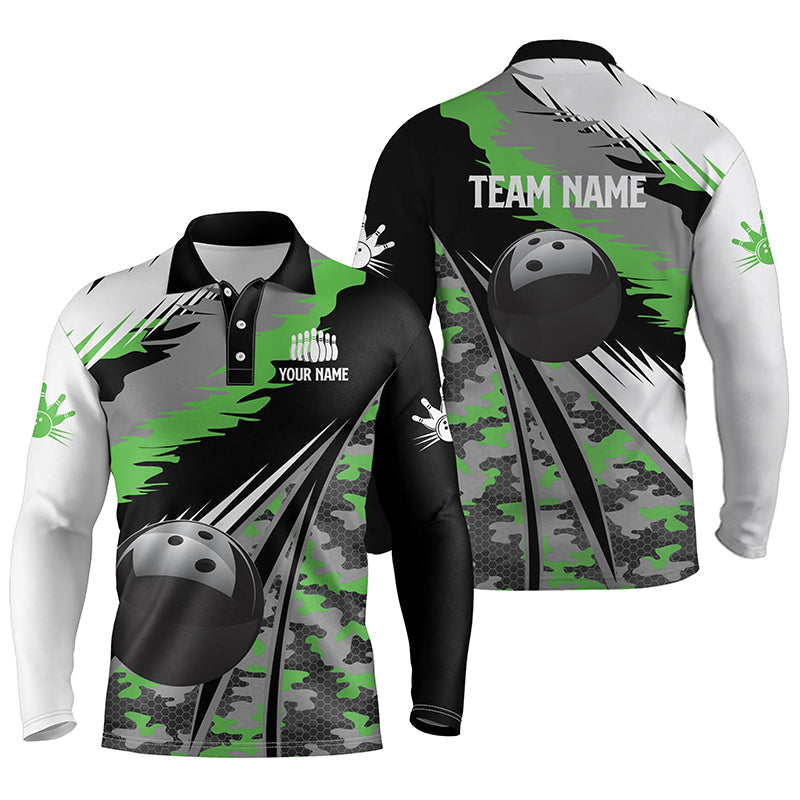 Mens Long Sleeve Polo Bowling Shirts Custom Black Ball Any Color Camo Bowling Team Jersey, Gift For Bowlers SO0974