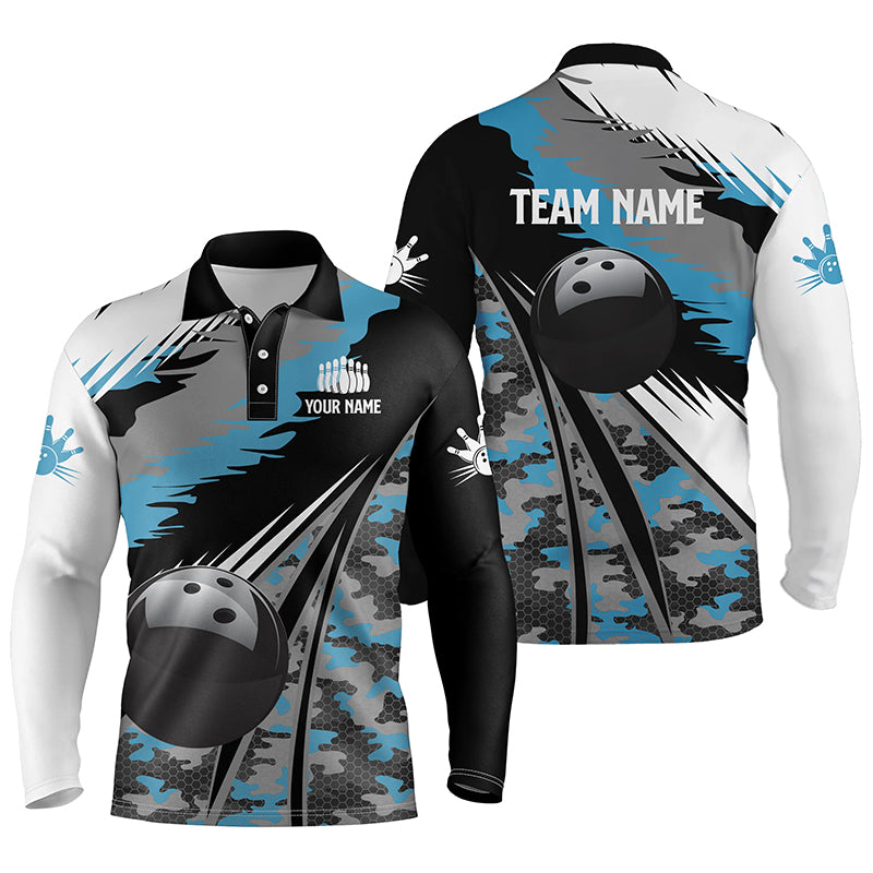 Mens Long Sleeve Polo Bowling Shirts Custom Black Ball Any Color Camo Bowling Team Jersey, Gift For Bowlers SO0974