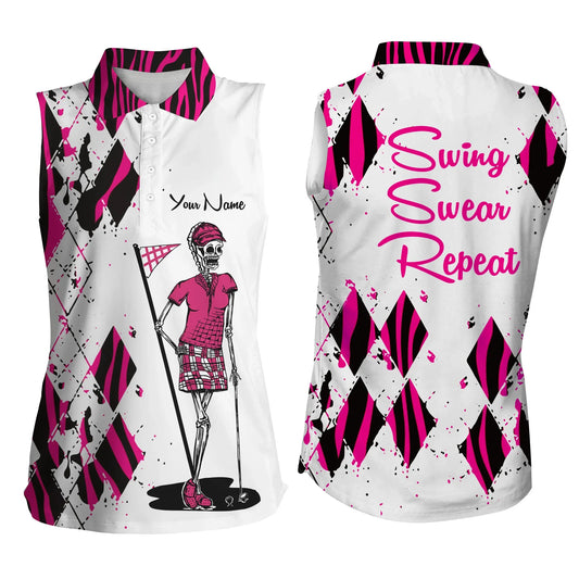 Cool Women Sleeveless Polo Shirts Custom Ladies Golf Skull Pink Zebra Pattern Golf Shirt Swing Swear Repeat SO1402