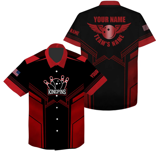 Custom Kingpins Bowling Hawaiian Shirt For Men, Custom Red And Black Team Bowling Shirt HO2788