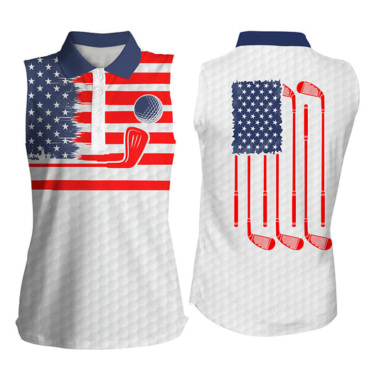 American Flag Patriotic Women Sleeveless Polo Shirt White Golf Polo Shirt, Unique Golf Gifts SO1404