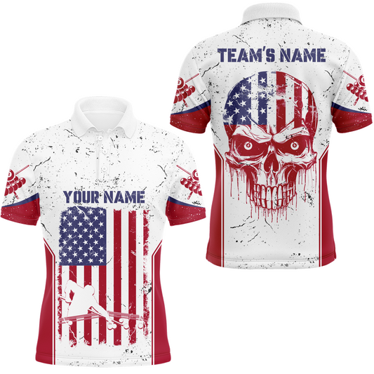 Tendpins Billiard Patriotic Skull Flag White Grunge Custom Billiard 3D Polo Shirts BIA0532