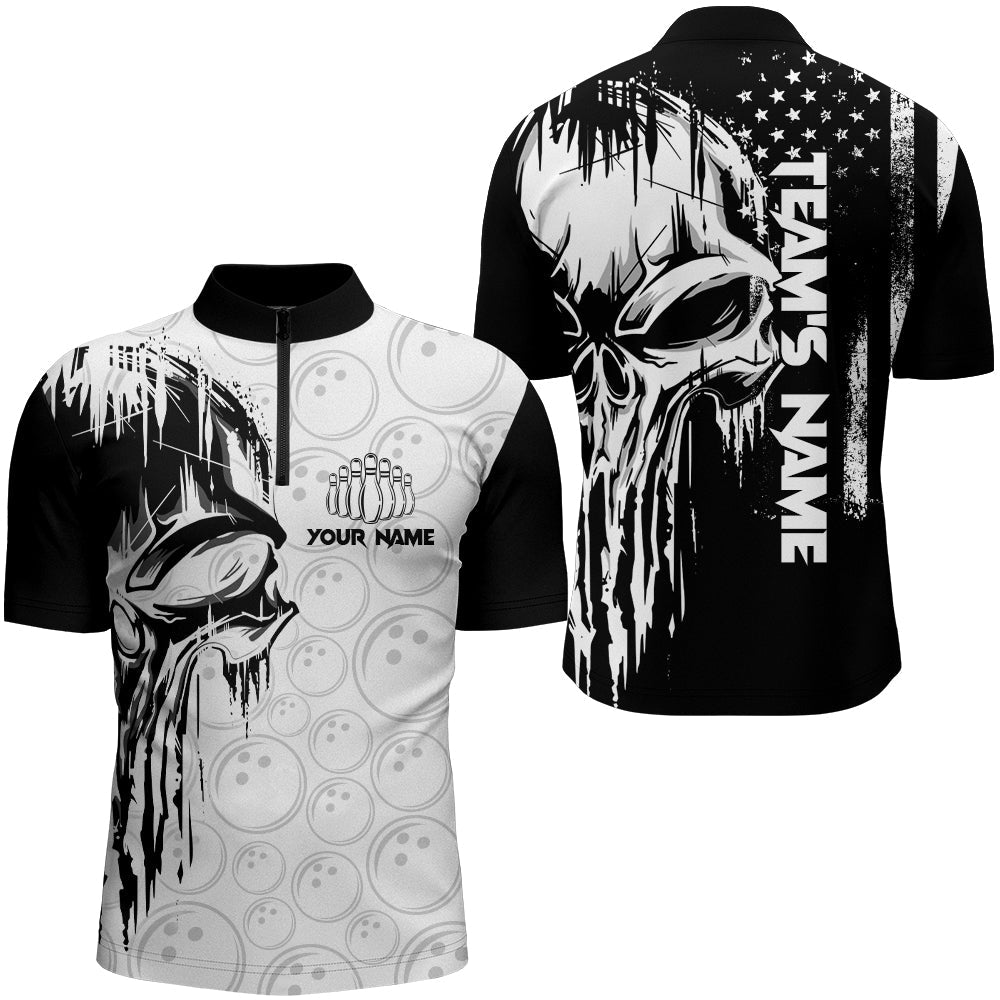 Personalized Skull Bowling Shirt for Men Custom Team's Name American Flag Bowler Jersey SO1323