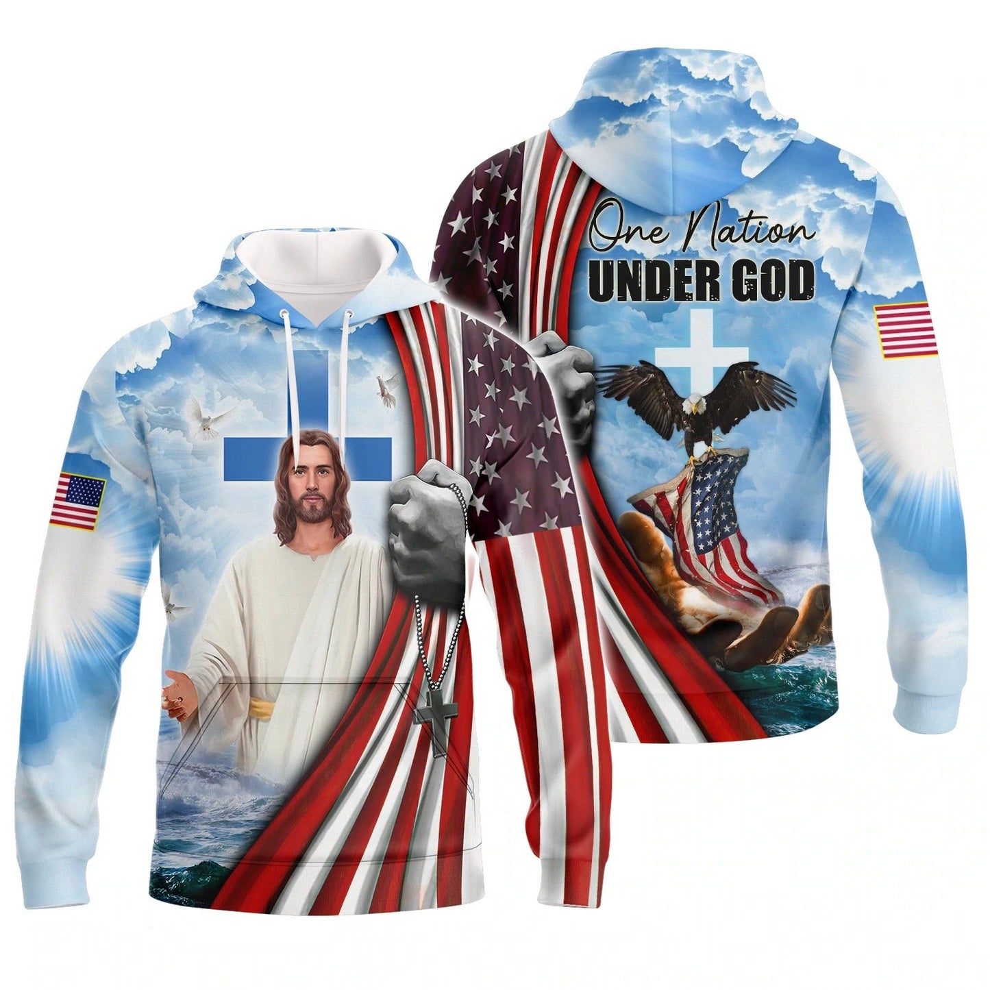 Jesus And Eagle 3D T Shirt, 4Th Of July Patriotic All Over Print Tshirt Hoodie, One Nation Under God Hawaiian Shirt TO0213