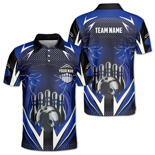 Custom Black And Blue Team Bowling Polo Shirt For Men, Custom Bowling Team Shirt BZ0075