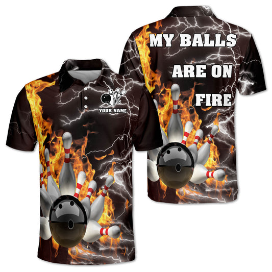 Custom My Balls Are On Fire Bowling Polo Shirt For Men, Custom Funny Flame Bowling Shirt BZ0014