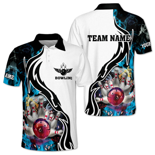 Custom Blue Flame Bowling Polo Shirt For Men, Custom Bowling Team Shirts BZ0138