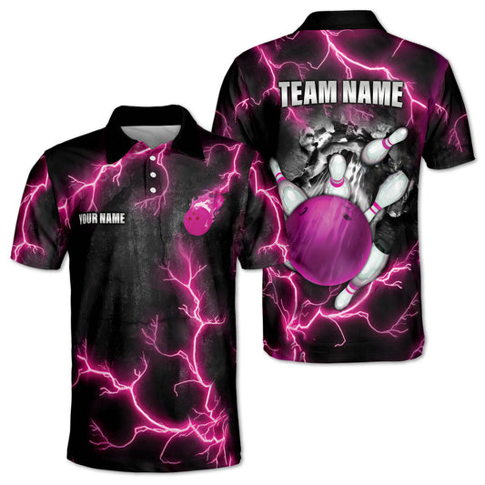 Custom Black And Pink Team Bowling Polo Shirt For Men, Custom Team Thunder Bowling Shirt BE0043