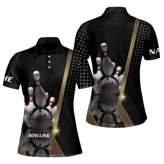 Custom Womens Bowling Shirts, Custom Bowling Shirt Ladies, Custom Black Bowling Polo Shirt For Women BZ0174