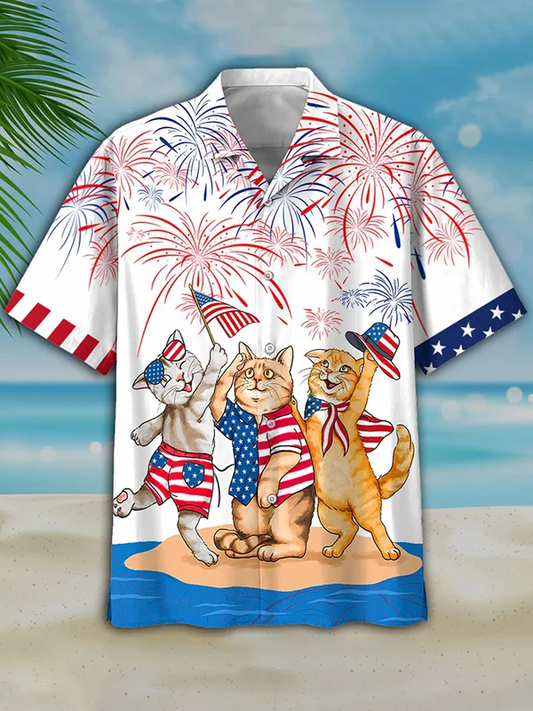 Men's 4th of july Cat hawaiian shirt - Independence Day hawaiian shirt, USA Patriotic Hawaiian Shirt HO0714