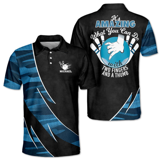 Custom It's Amazing What You Can Do With Two Fingers And A Thumb Bowling Polo Shirt For Men, Custom Black And Blue Funny Bowling Shirt BZ0058