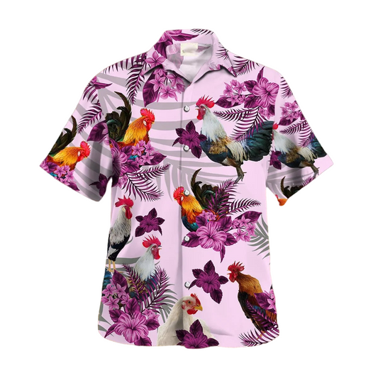 Chicken Hibiscus Hawaiian Shirt, Rooster Pink Hawaii Shirt, Farm Hawaiian Shirts HO4738