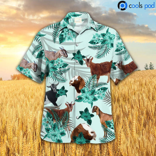 Goat Hibiscus Green Pattern Hawaiian Shirt, Cool Goat Hawaiian Shirt, Farm Hawaiian Shirt HO0356