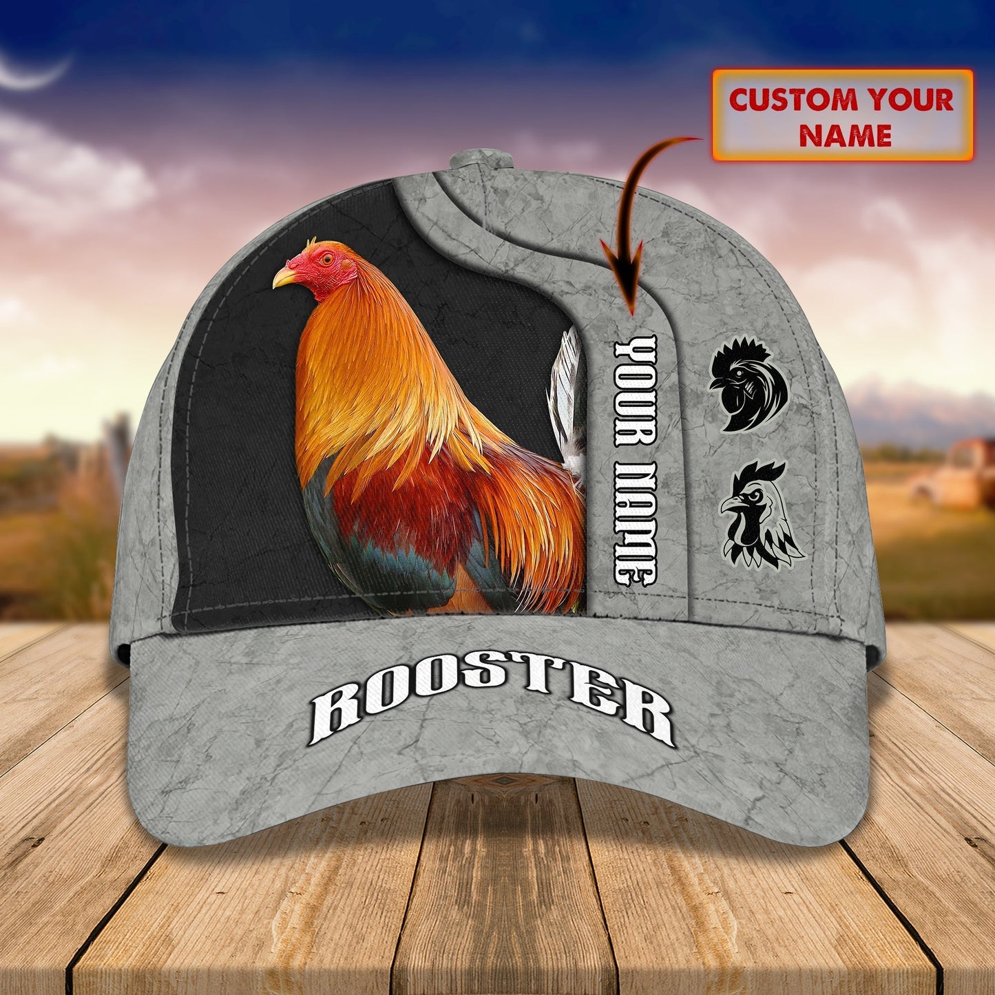 3D Classic Cap Rooster Personalized Name Cap 20 Tendpins CA0840