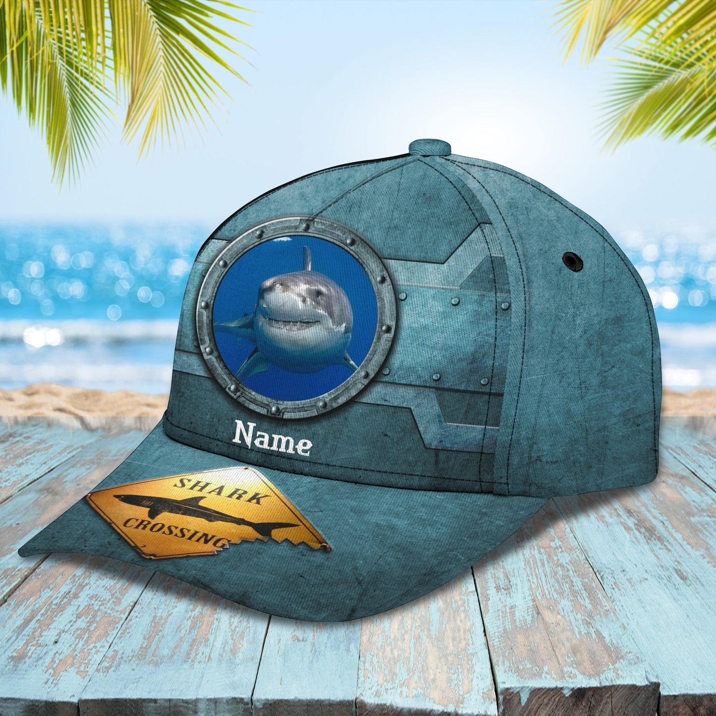 3D Classic Cap Shark Crossing Personalized Name Cap Tendpins CA0975