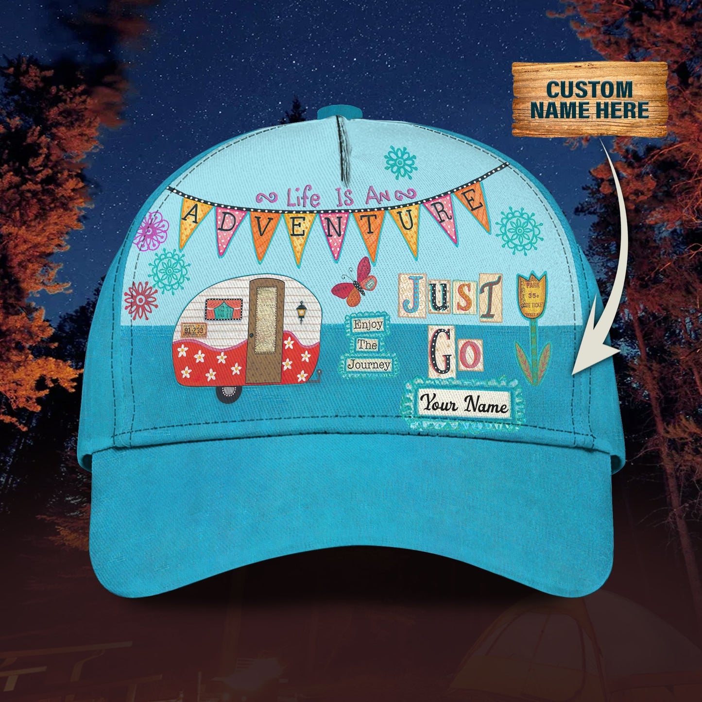 3D Classic Cap Just Go Camping Personalized Name Cap Tendpins CA1165