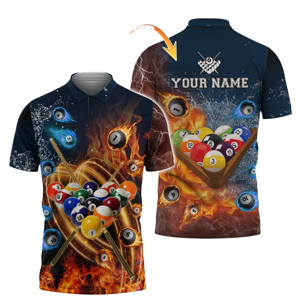 Billiard Personalized Name 3D Polo Shirt, Water and Fire Billiard All Over Printed Shirt SO1392