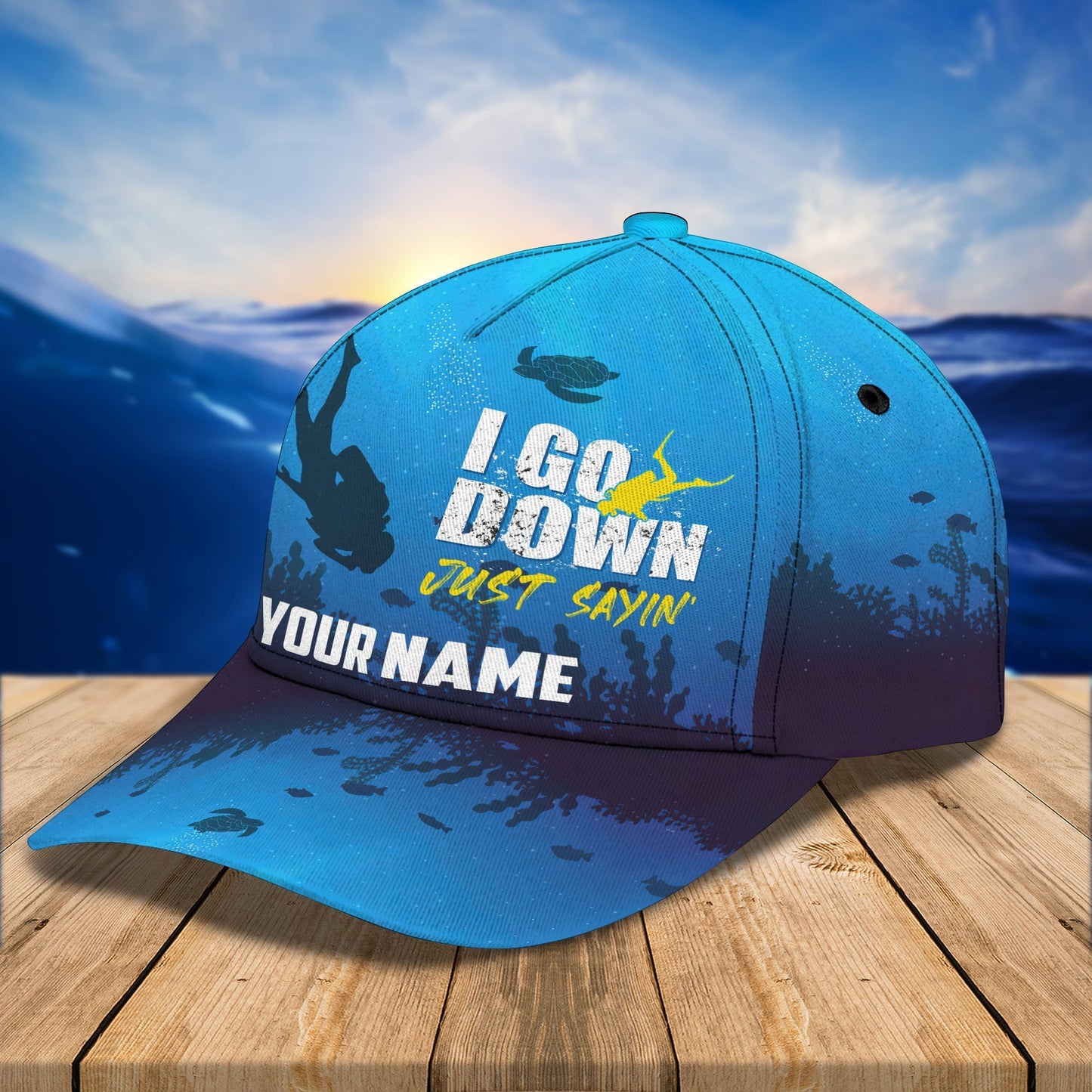 3D Classic Cap Scuba Diving I Go Down Just Saying Personalized Name Cap 10 Tendpins CA2206