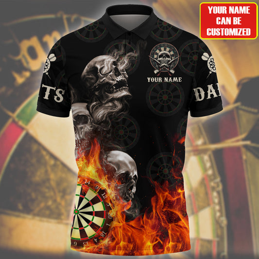 Skull On Fire Dart Polo Shirt, Personalized Name Dart Skull 3D Shirt, Skull Polo Shirt DMO0057