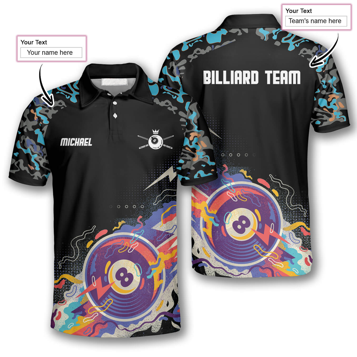 3D All Over Ball 8 Color Black Blue Custom Billiard Shirts for Men SO0585