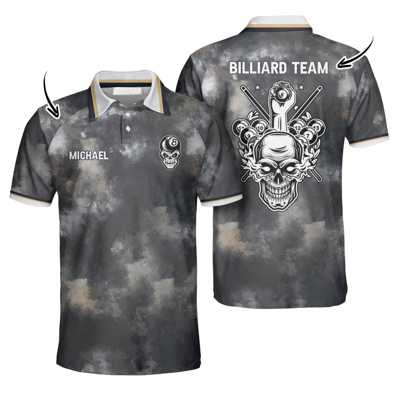 Faded Skull Custom Billiard Shirts for Men, Custom Billiard Shirts for Team, Billiard Polo Shirts SO0805