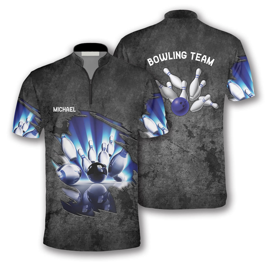 Blue Pins Grey Grunge Pattern Custom Bowling Jerseys for Men, Personalized Bowling 3D Shirt SO1369