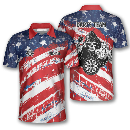 American Flag Water Color Custom Darts Polo Shirts for Men, Dart Skull Shirt DMO0199