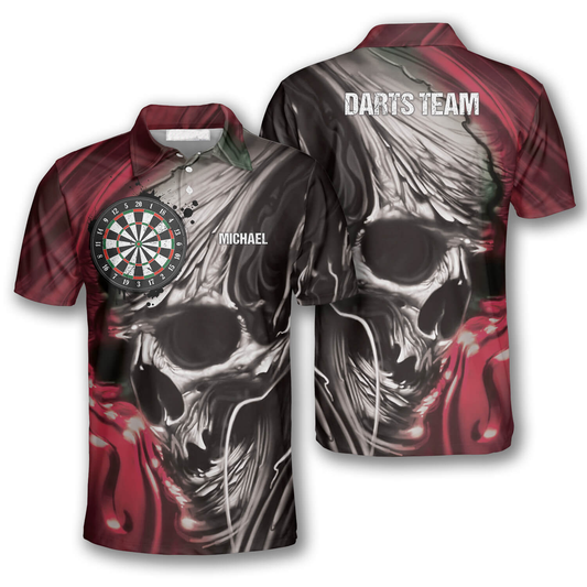 3D All Over Print Dart Polo Shirt, Skull BR Custom Darts Shirts for Men, Red Skull Dart Shirt DMO0181