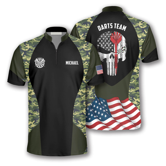 Skull Camouflage Waving Flag Custom Darts Jerseys for Men, Red Dart Skull Shirt, Jersey Shirt for Dart Player SO1375