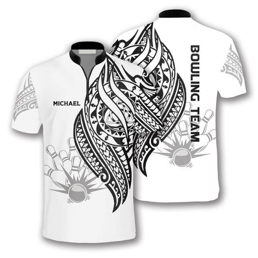 Custom White Tribal Team Bowling Jersey Shirt For Men, Custom Bowling Team Shirt SO0526