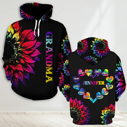 Personalized Grandma Kid Sunflower Heart Hoodie 3d Printed, Mother's Day Heart Shirt SO0467