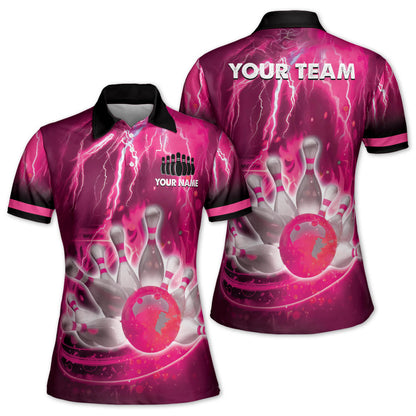 Custom Womens Bowling Shirts, Custom Thunder Team Women's Bowling Polo Shirts, Custom Women Bowling Shirts Blue BW0156