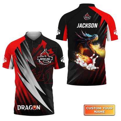 Dragon Team Red Bowling Ball On Fire Personalized Name 3D Polo Shirt SO0620