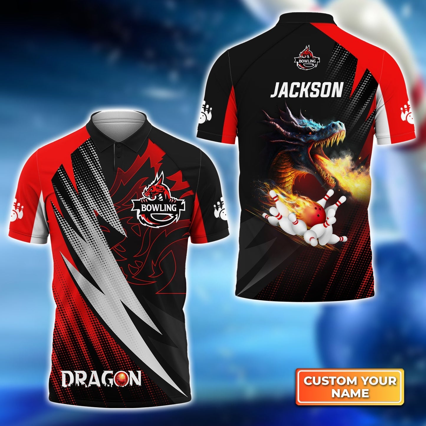 Dragon Team Red Bowling Ball On Fire Personalized Name 3D Polo Shirt SO0620