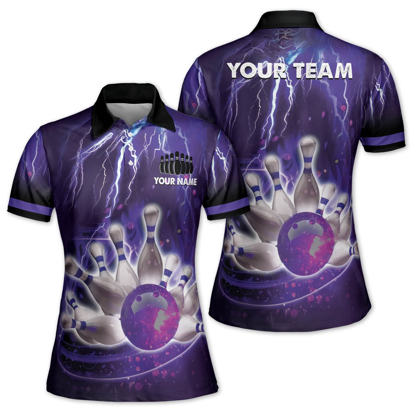 Custom Womens Bowling Shirts, Custom Thunder Team Women's Bowling Polo Shirts, Custom Women Bowling Shirts Blue BW0156