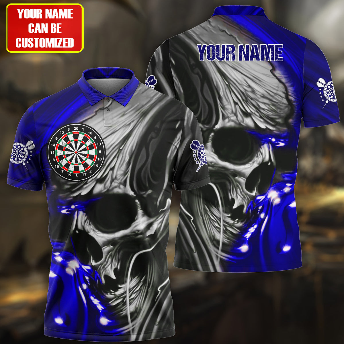 Tendpins Personalized Name Multi Color Skull Darts Abstract All Over Printed Polo Shirt DMA0064