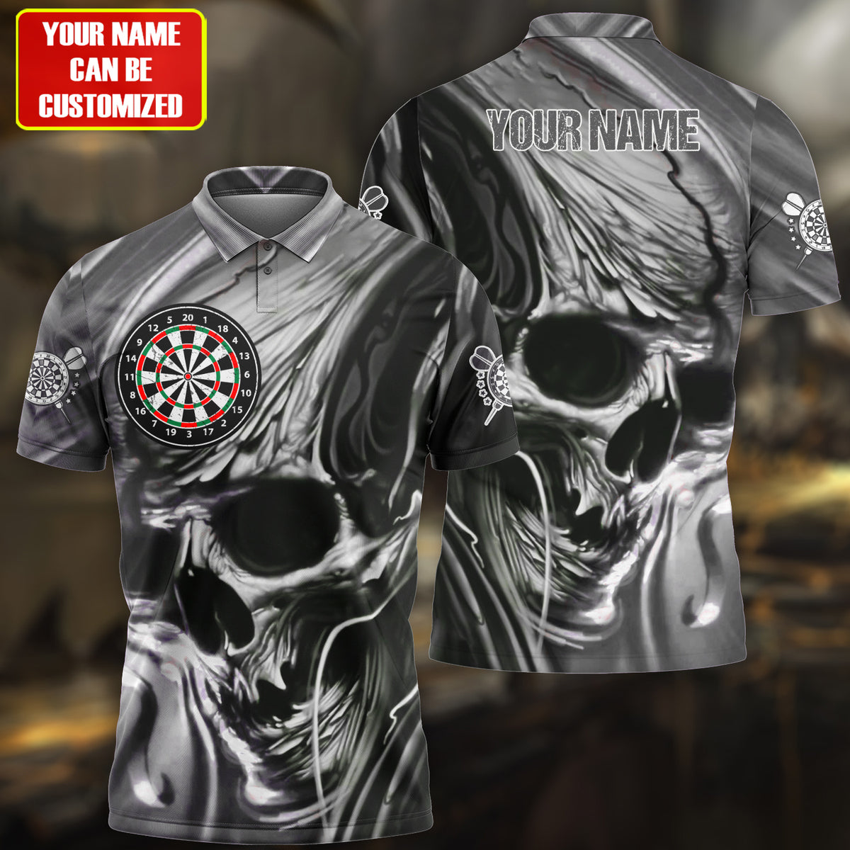 Tendpins Personalized Name Multi Color Skull Darts Abstract All Over Printed Polo Shirt DMA0064