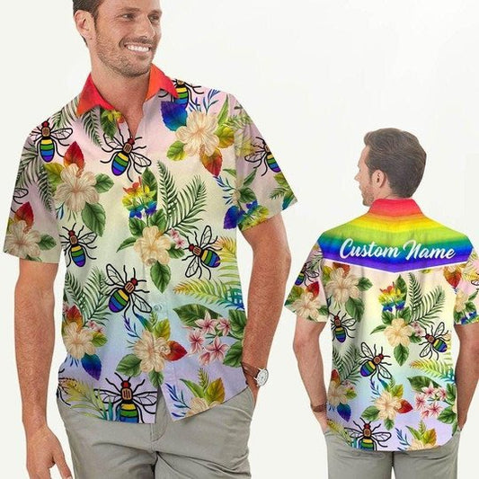 Rainbow Bee Hibiscus LGBT Pride Custom Name Hawaiian Shirt, LGBT shirt, Lesbian shirt, gay shirt HO1127