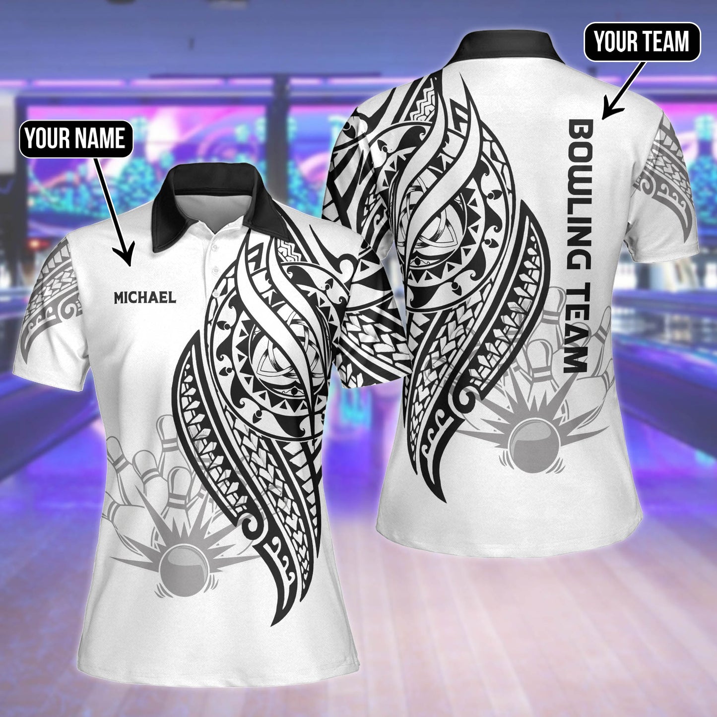 Custom Tribal White And Black Bowling Polo Shirt For Women, Custom Tribal Team Bowling Shirt BW0120