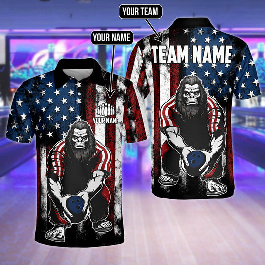 Tendpins American Flag Bigfoot Bowling Customized Name And Team Name 3D Polo Shirt, Shirt for Bowling Players SO0691