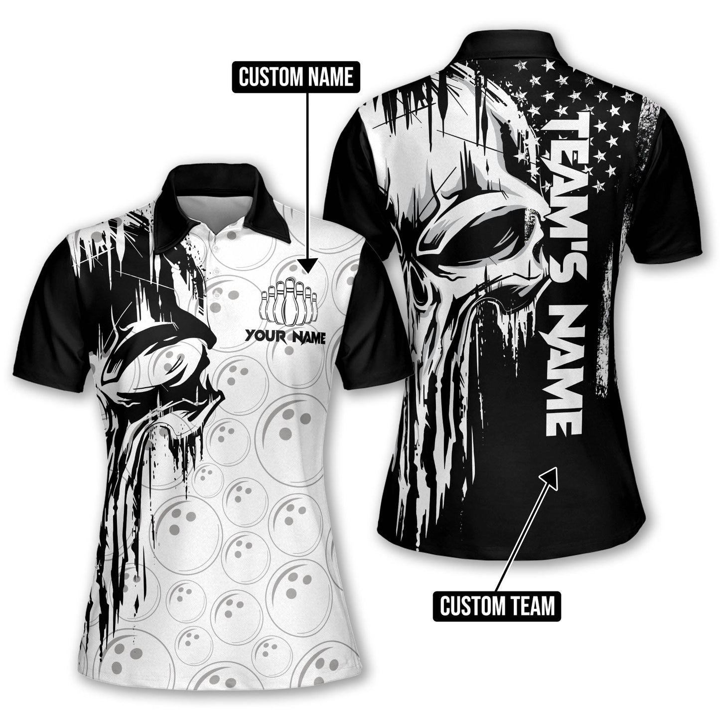 Custom Skull Bowling Polo Shirt For Women, Custom Women's Skull Bowling Team Shirts BW0123