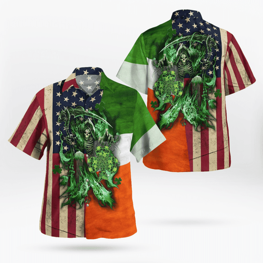 St. Patrick's Day Hawaiian shirt, Irish Grim Reaper Irish Flag And American Flag Hawaii Shirt PO0098