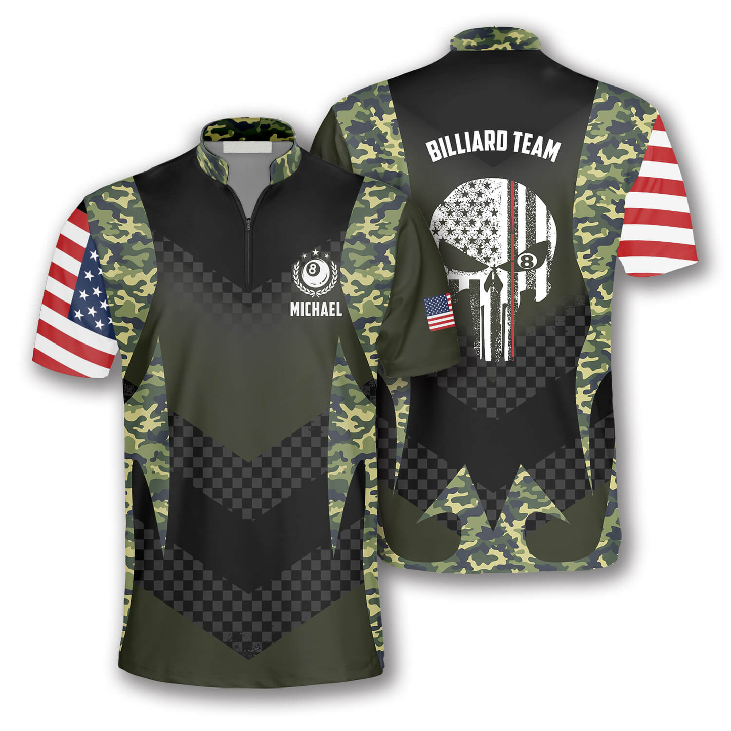 Skull Camouflage Flag Custom Billiard Jerseys for Men, 3D All Over Print Billiard Team Shirt SO0649