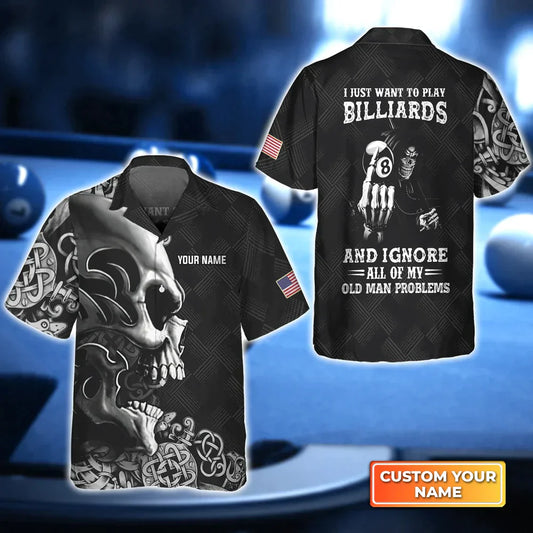 Skull Billiard 8-Ball Pool Player Old Men 3D Hawaiian Shirt, Billiard team shirt, Billiard player HO3839