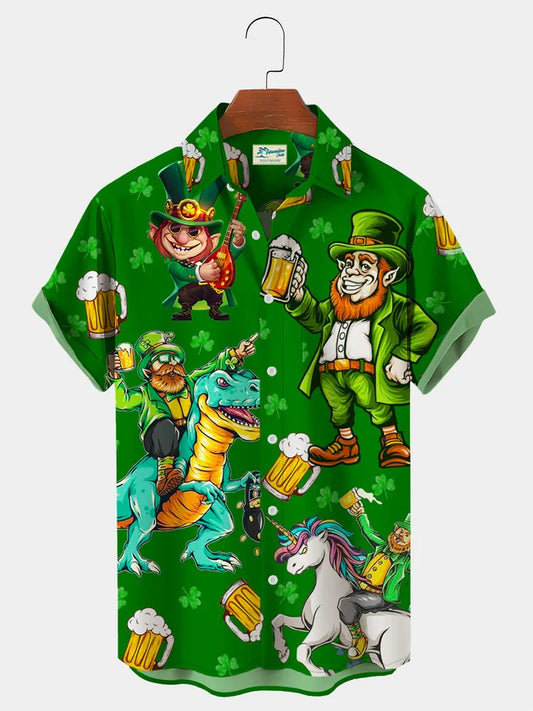 St. Patrick's Day Green Shamrock Dinosaur Fun Print Hawaiian Shirt Plus Size Vacation Shirt PO0144