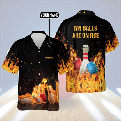 Custom My Balls Are On Fire Bowling Hawaiian Shirt For Men, Custom Flame Bowling Shirt Funny HB0050