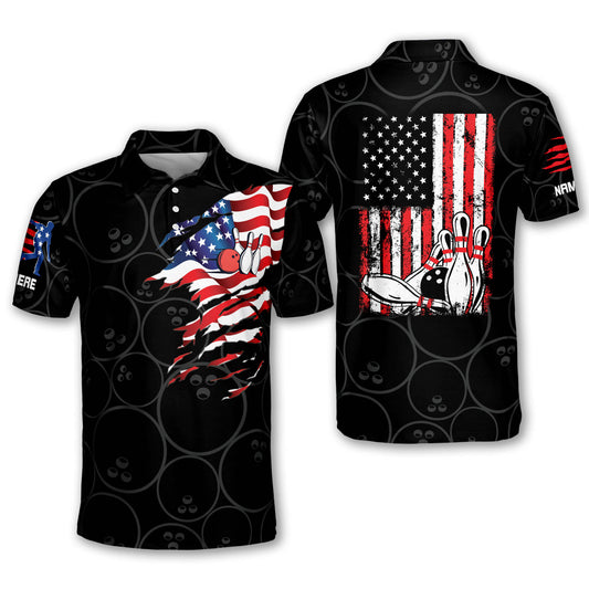 Custom American Flag Bowling Polo Shirt For Men, Custom Patriotic Black Bowling Shirts BM0007