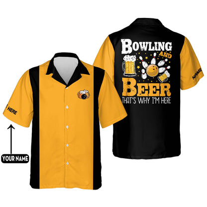 Custom Bowling And Beer That's Why I'm Here Bowling Hawaiian Shirt For Men, Custom Black And Yellow Funny Bowling Shirt HB0141