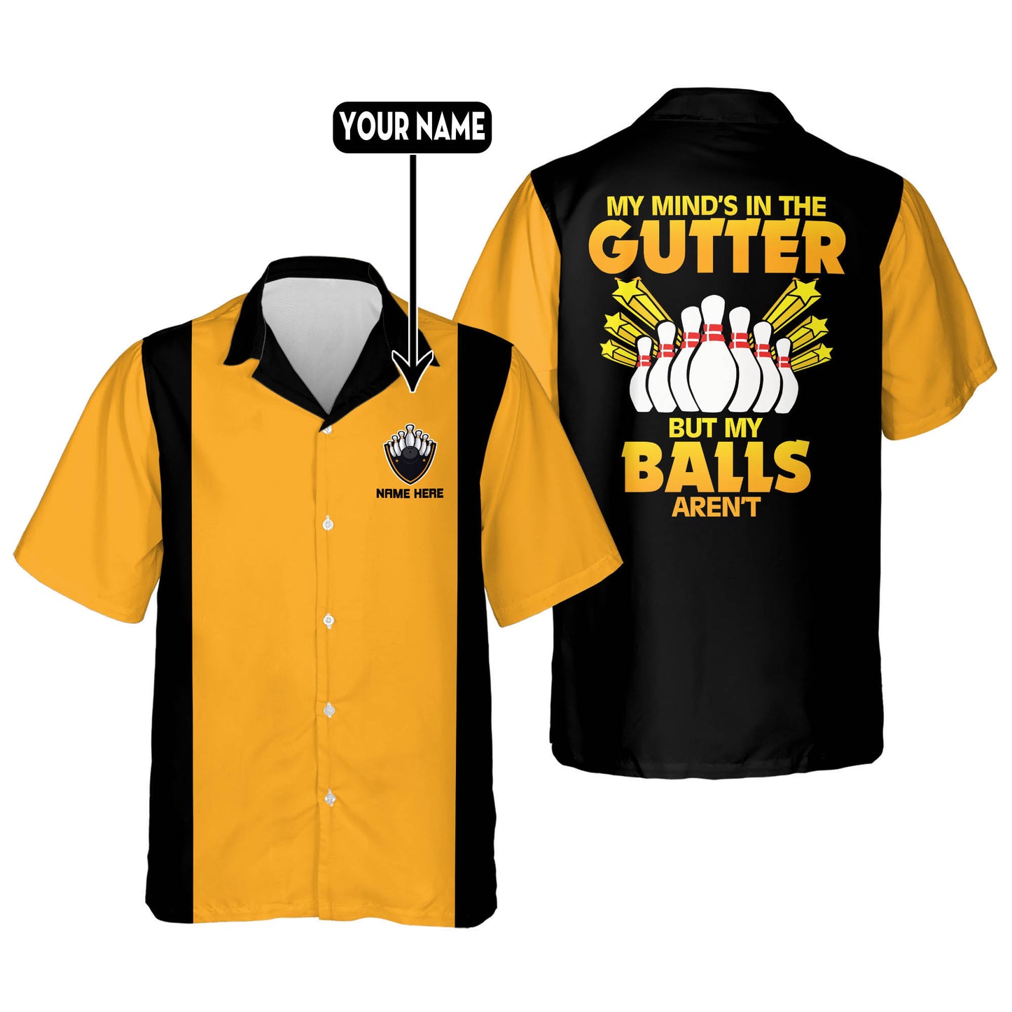 Custom My Mind's in The Gutter But My Balls Aren't Bowling Hawaiian Shirt For Men, Custom Black And Yellow Funny Bowling Shirt HB0140